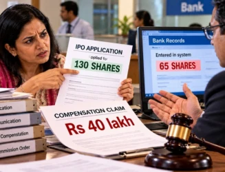 Woman applies for 130 shares, bank enters 65; commission awards Rs 37,000, not Rs 40L